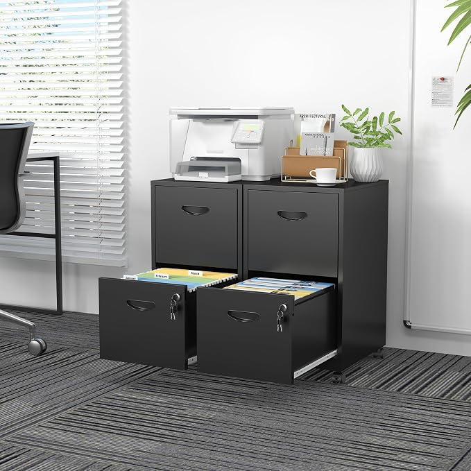 SteeLoong 2 Drawer File Cabinet,Metal Mobile File Cabinet with Lock Black | Filing Cabinet with Wheel,Vertical File Cabinet for Home Office,Under Desk Rolling File Cabinets for Hanging Letter/A4