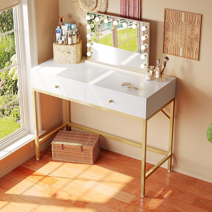 SUPERJARE 31.5" White and Gold Desk with 2 Drawers, Modern Vanity Desk | Small Makeup Table for Home Office Writing Study Bedroom