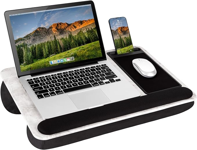 LAPGEAR Home Office Pro Lap Desk – White Marble, Fits 15.6” Laptops | Built-In Mouse Pad & Phone Slot, Wide Cushioned Wrist Rest, Dual-Bolster Microbead Cushion, Carry Handle