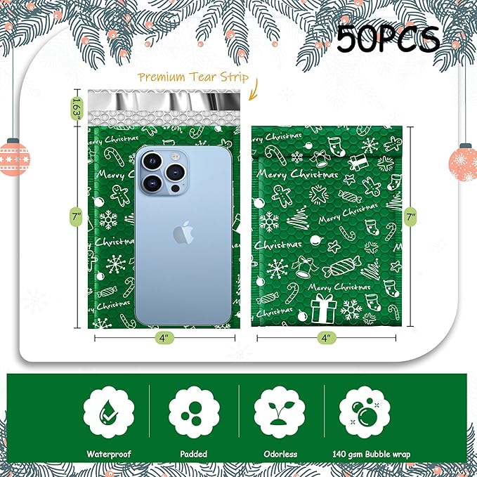 JinRuiKJ Christmas Bubble Mailers 4x8" 50 Pack, Padded Envelopes, Strong Adhesion Padded Mailers, Cushioning Padded Shipping Envelopes for Jewelry, Makeup - Green