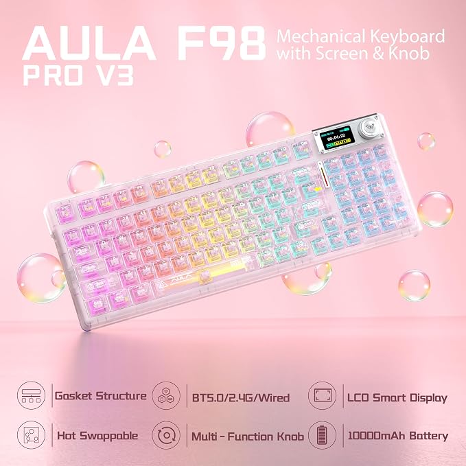 Aula F98Pro V3 Wireless Mechanical Gaming Clear Keyboard with Screen & Knob | Triple-Mode Hot Swappable, Gasket Mount Linear Switches, Clear Keycaps RGB Backlit, TFT Screen 10000mAh Battery for PC/Office