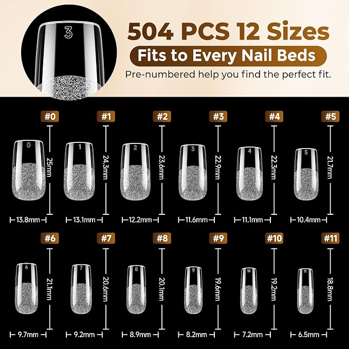 UNA GELLA Square Fake Nails 504PCS Gel Nail Tips Clear Press On Nails | Pre-shape Full Cover Square Nails French False Nails For Nail Extension Nail Art Home DIY 12 Sizes False Gelly Tips