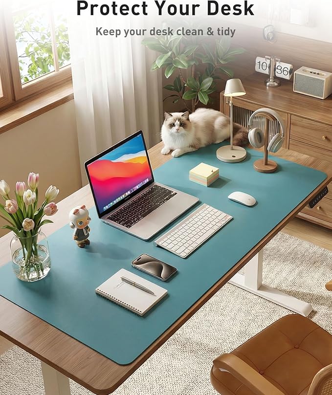 Aothia Faux Leather Desk Mat - Large Mouse Pad, Non-Slip PU Leather Blotter, Waterproof Writing Surface for Office and Home (Turquoise, 42" x 17")