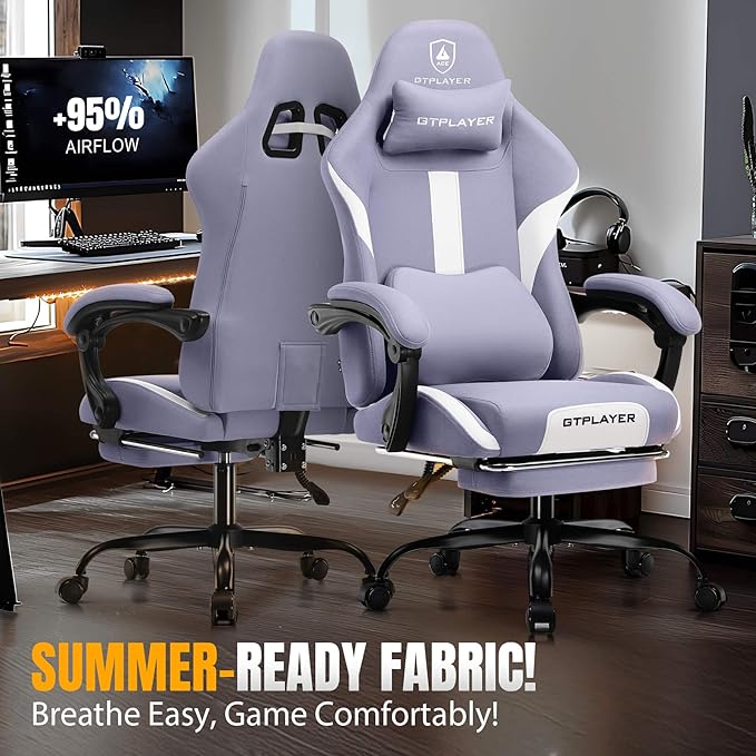 GTPLAYER Gaming Chair with Foot Rest & Pocket Spring Cushion, Breathable Fabric for Home Office Desk, Ergonomic High Back Computer Chair with Headrest & Lumbar Support, Lavender Purple