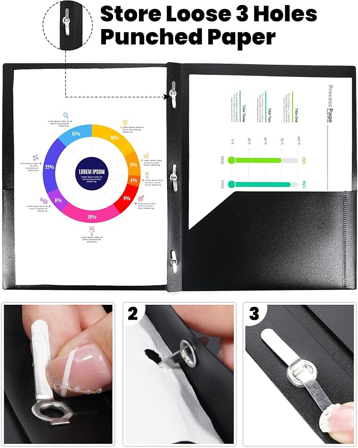 SUNEE 2 Pocket Folders with Prongs (3 Pack, Black) Plastic Folders with Pockets and Prongs Fit Letter Size, Poly Folders with Pockets for School Office Home Business