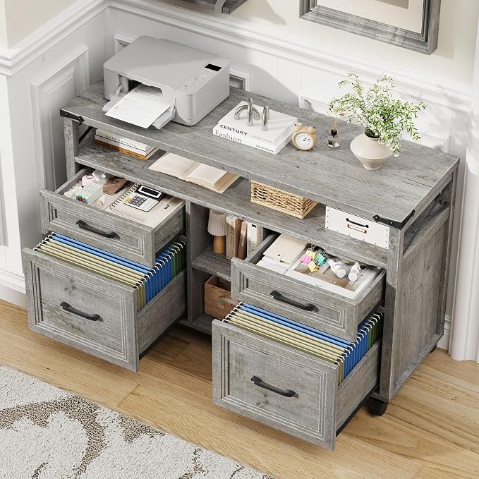 Halitaa Farmhouse Filing Cabinet with Adjustable Shelf & Wheels, Grey | Lateral File Cabinets, Office Storage Cabinet with 4 Drawers, Open Storage Space, for Hanging Files A4/Letter for Home Office