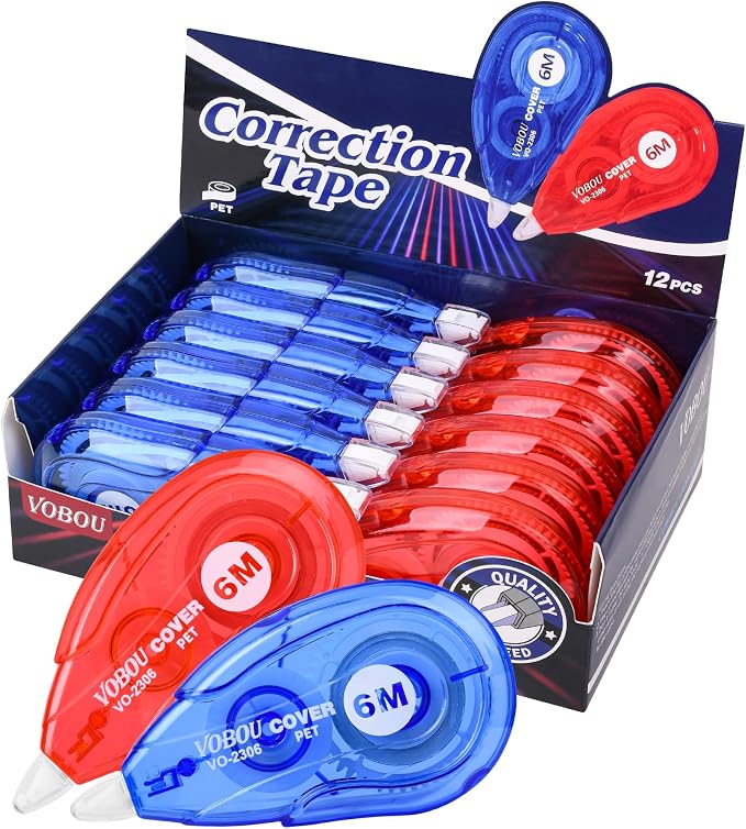 Vobou White Correction Tape, Easy To Use Applicator for Instant Corrections Wrong Writing At Any Time, For school, Office (Red and Blue, 12pack, 6M/256" x 0.2")