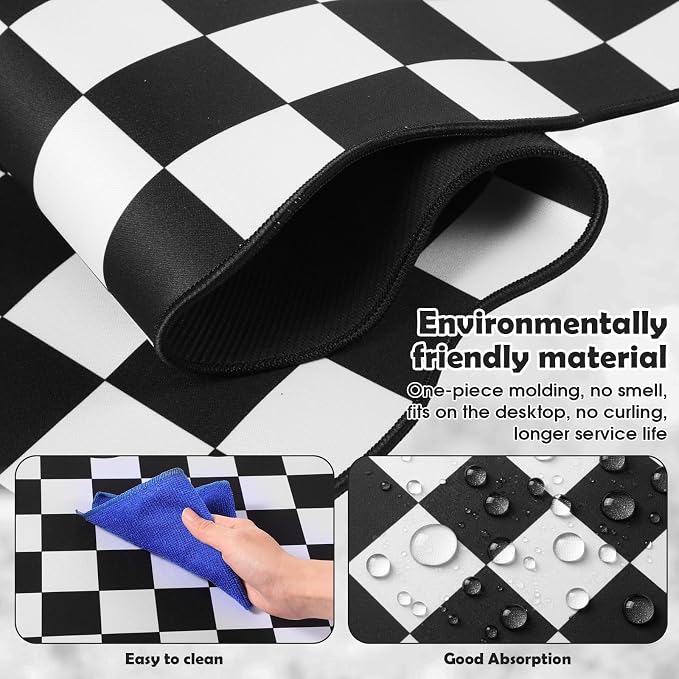 1 Pcs Black Scalloped Checkered Desk Mat 31.5 x 11.8 Inch Large Cute Mouse Pad Computer Mat Non Slip Waterproof Rubber Base with Border Stitching Soft Keyboard Pad for Home Office Gaming Makeup