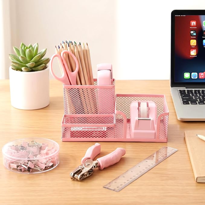 Pink Office Desk Accessories, 9 Pcs Desk Organizers and Accessories with Mesh Pen Holder, Stapler, Tape Dispenser, Hole Punch, Office Supplies Set for Office Home School Women Students Gift