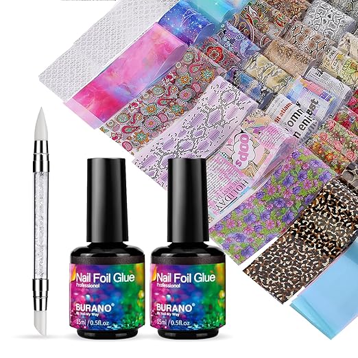 BURANO Nail Foil Glue Gel, 15ML 2 Bottles with 100PCS Foil Sticker Nails Foils Adhesive and Rubber Nail Push Pen for Designer Transfer Gel Polish