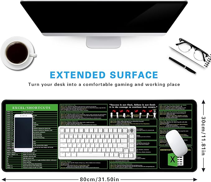Excel Cheat Sheet Desk Pad, 31.5"x11.8", Waterproof Extra Large Excel Shortcut Mat with Stitched Edges, Anti-Slip Excel Mouse Pad for Office Desk, MS Excel/Word Shortcuts (Green Shortcut A)