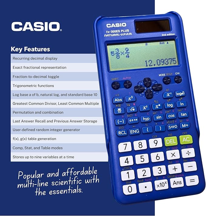 Casio fx-300ES Plus 2nd Edition – Standard Scientific Calculator | 262 Functions,Natural Textbook Display℠ | Ideal for Middle School,High School Math,Statistics & Algebra-| Blue,(Pack of 2)
