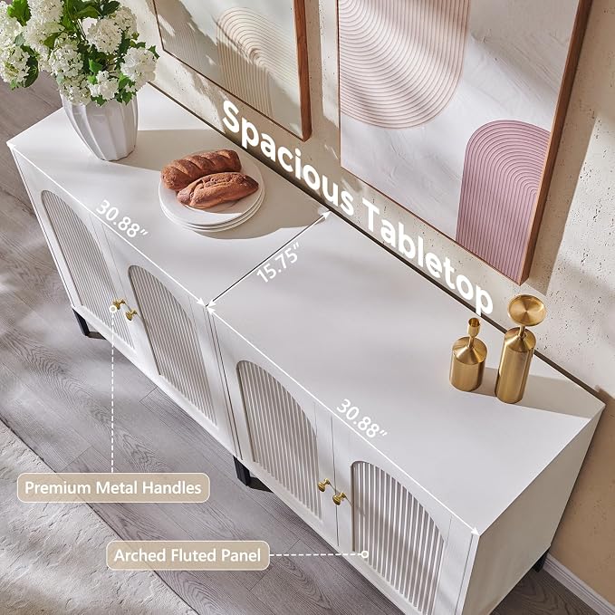 IFGET 61.75" W Modern Arched Sideboard Buffet Cabinet with Storage, White | Fluted Arch Sideboard Cabinet w/Adjustable Shelves, Wooden Modular Kitchen Cabinet for Dining& Living Room, Entryway