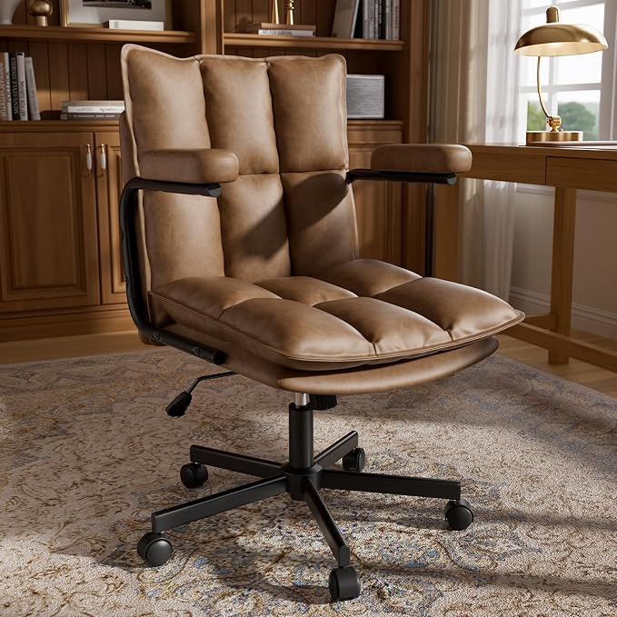 Mid Century Modern Desk Chair, Vintage Leather Office Chair, Brown | Petite Computer Chair for Small to Medium Women, Thickened Back, Cozy Seat, Adjustable Height for Home