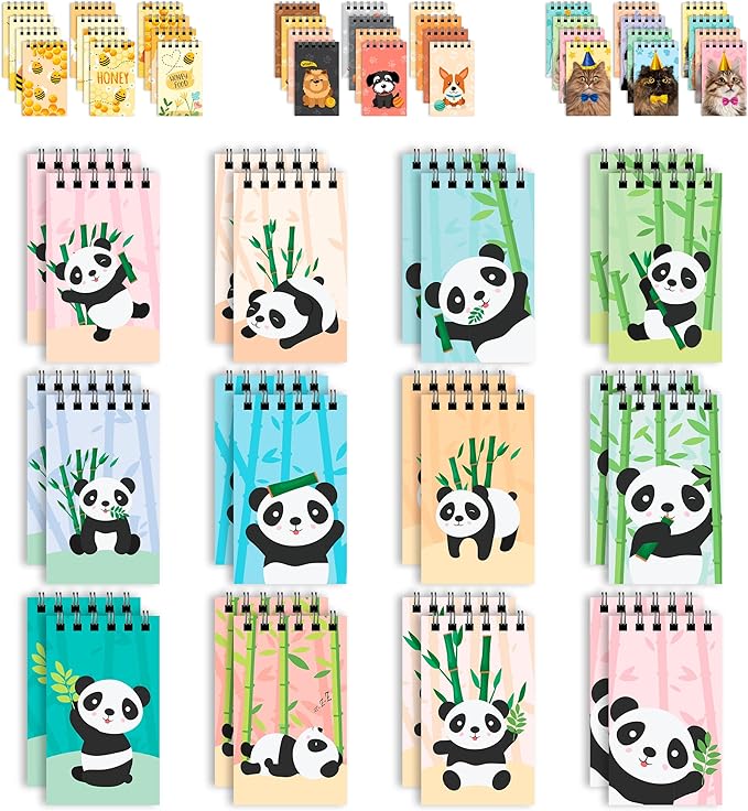 Decorably 24 Pack Panda Party Favors for Kids 8-12 - 12 Adorable Designs 2.4x4in Panda Notepad, Spring Bound 20 Sheets
