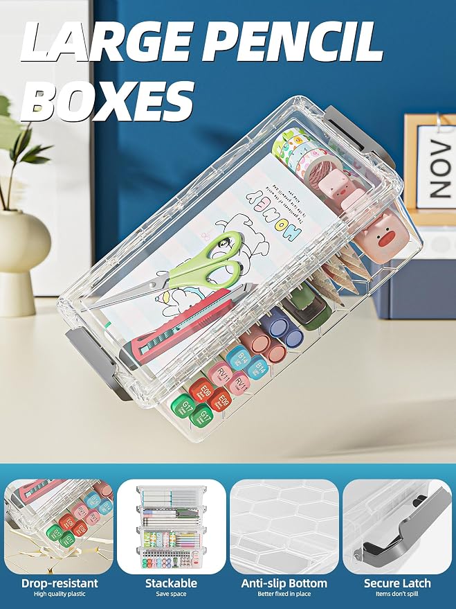 BiuLeon 4 Pack Extra Large Pencil Box, Plastic Pencil Case Organizer, Clear Crayon Box Marker Organizer, Stackable Craft Organizers and Storage for Pen, Craft, Art Supply(Blue)