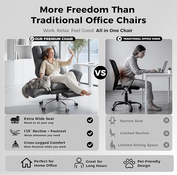 Big and Tall Office Chair, Flip Armrests for Pets & Cross Legged Sitting | Executive Ergonomic Computer Gaming Chair with Foot Rest, Tech Fabric Wide Seat Reclining Desk Chair，Grey