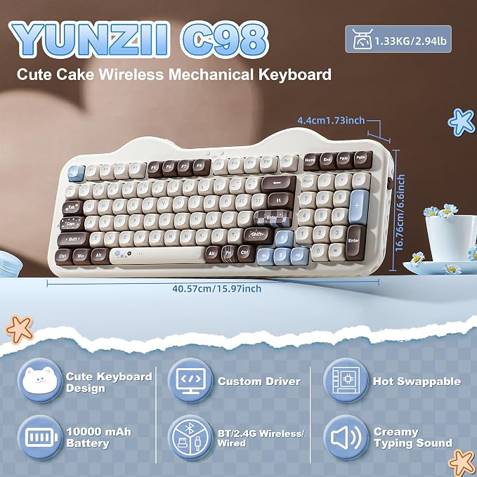 YUNZII C98 Cute Cake Wireless Mechanical Keyboard(Choco, Candy Switch) | 99 Keys with Number Pad, Hot Swap, PBT MOA Keycaps, BT5.0/2.4G/USB-C, Gasket Mount, Custom RGB Backlit for Win/Mac