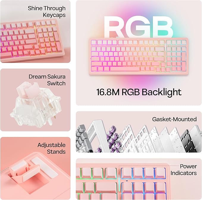 MechLands Aula F99 96% Wireless Gaming Keyboard, 8000mAh Battery, Creamy Gasket Mechanical Keyboard, BT/2.4GHz/USB-C, Hot-Swappable, Pre-lubed Linear Switch, Programmable RGB, Win/Mac (Pink Gradient)