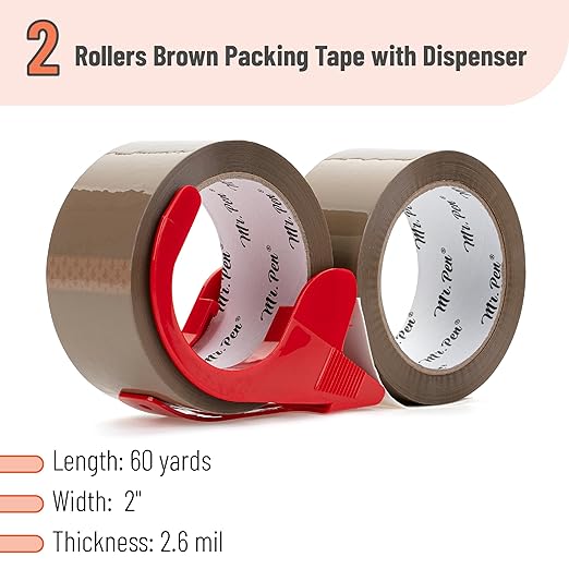 Mr. Pen- Packing Tapes, 2" Wide, 60 Yard, Brown, 2 Pack with 1 Dispenser Gun, 2.6 mil, Heavy Duty Packing Tape with Dispenser