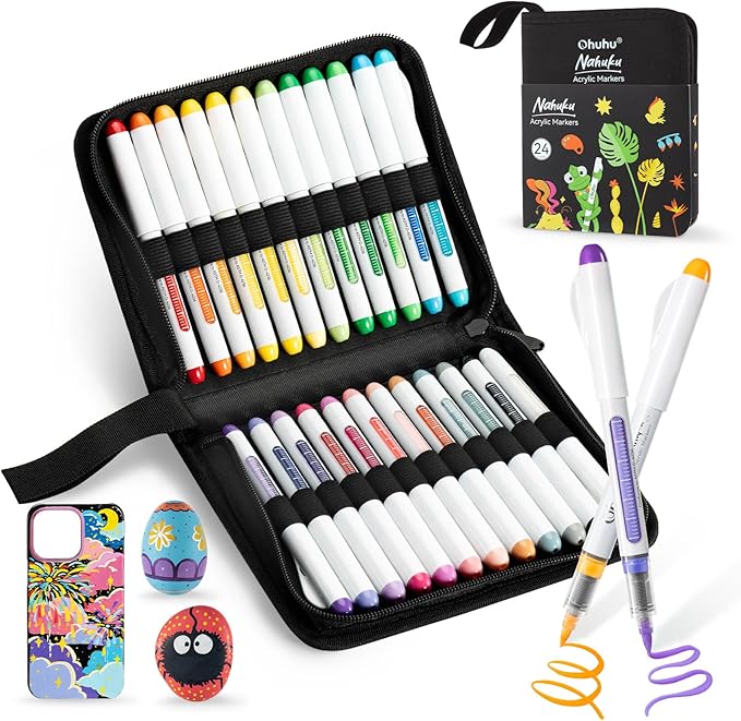 Ohuhu Acrylic Paint Markers Brush Tip 24 Colos Automatic Ink Control Acrylic Markers High Opacity Paint Pens for Rock Painting 3D Prints Easter Eggs Wood DIY Crafts - Nahuku