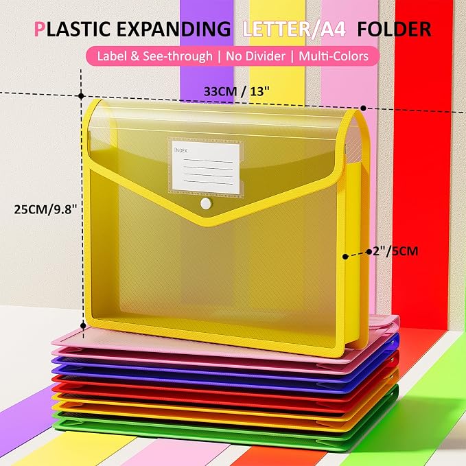ThinkTex Plastic Expanding File Folders, Transparent Envelopes with Snap | Suitable for Home, Office, School, Large Capacity, No Dividers, Dopamine 5-Color, Fits Letter/A4 Size - 5 Pack