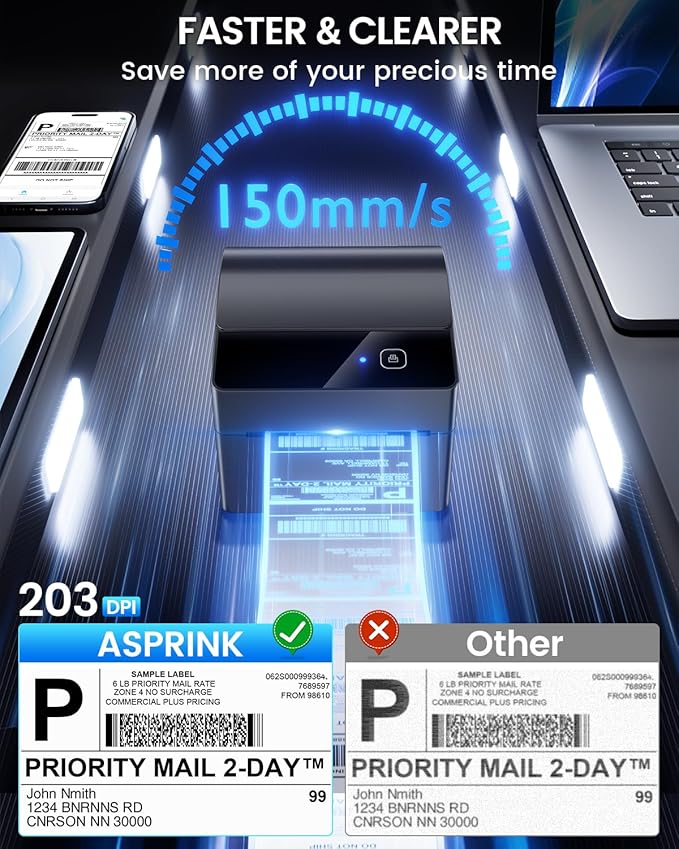 ASprink Bluetooth Shipping Label Printer 4x6, 2026 Upgraded Thermal Label Printer with Built-in Paper Bin, Thermal Printers for Small Business & Shipping Packages, Compatible with Amazon, Tiktok, USPS