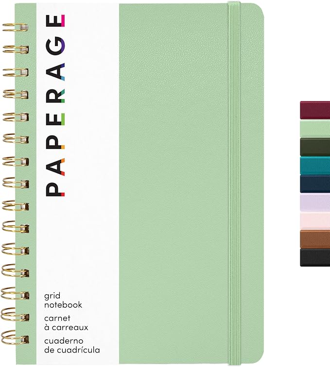 PAPERAGE Graph Paper Spiral Notebook & Journal, (Sage), 160 Pages, Medium 5.5 inches x 8 inches - 100 GSM Thick Graphing Paper, Hardcover, Double-Wire Grid Spiral Notebook