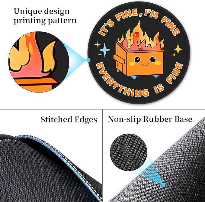 Hancynir Funny Mouse Pad, Dumpster on Fire Round Mousepad for Office Desk | Mouse Mat for Computer, Non-Slip Rubber Base, Office Desk Decor, Gifts for Work Coworker Teacher, 8.6 Inch, Stitched Edges
