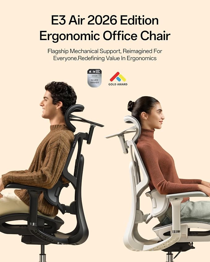 Hbada E3 Air 2026 Ergonomic Office Chair, 3-Zone Lumbar Support, Comfy Home Office Chair with Auto Recline, 4D Headrest & Armrests, 140° Tilt for Work & Relax, Grey