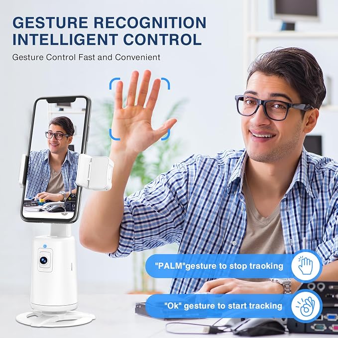 Auto Face Tracking Tripod 360° Rotating Cell Phone Photo and Video Kits Stand, No App, Camera Stand with Remote and Gesture Control, Rechargeable Smart Shooting Stand for Live Recording Tiktok（White）