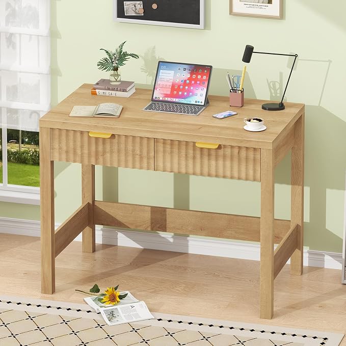 32 Inch Small Fluted Computer Desk with 2 Drawers for Bedroom, Home Office | Small Wooden Computer Desk with Storage, Compact Writing Study Vanity Desk for Small Spaces, Oak