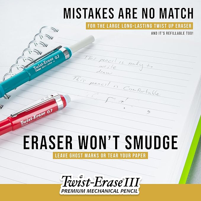 Pentel Twist-Erase III Mechanical Pencil, (0.9mm), Assorted Barrel Colors with 2 Eraser Refills (QE519BP2-K6) (Pack of 4)