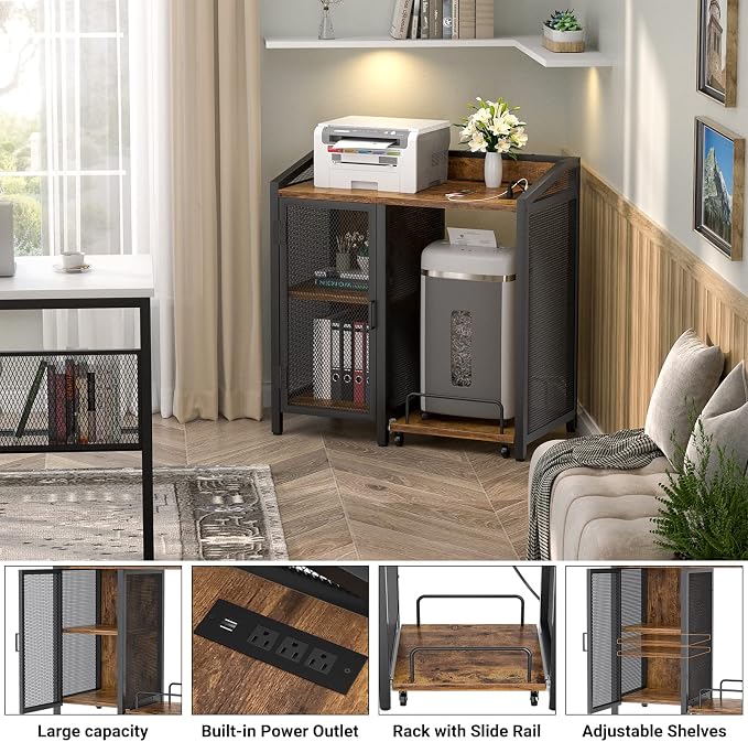 Unikito Large Printer Stand with Power Outlet and Adjustable Storage | Printer Table With Paper Shredder Stand On Wheel, File Cabinet with PC Tower Shelf for Home Office, Rustic Brown