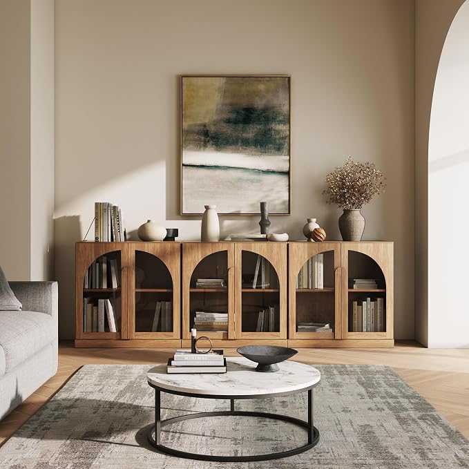 BELLEZE 2 Tier Bookshelf with Arched Glass Door, Set of 3 Modern Display Bookcase Shelf with Storage and Adjustable Shelves, 94" Wood Bookshelves for Living Room Office Entryway (Camel)