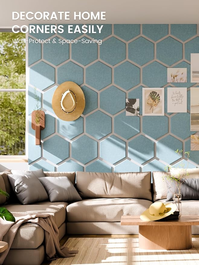 Fluxynara 12-Pack Hexagon Felt Bulletin Board Tiles, Teal Blue-1 | Cork Board Alternative with 60 Adhesive Tabs for Notes, Photos and Reminders in Home Offices, Dorm and Classrooms