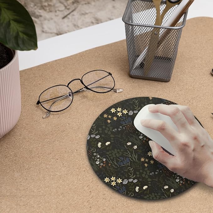 Dark Green Plant Mouse Pad, Cottagecore Herb Botanical Floral Mousepad Mouse Mat with Non-Slip Rubber Base for Home Office Desk Accessories, Green Office Supplies, 7.9x7.9 Inch