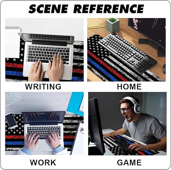Extended Large Gaming Mouse Pad Red Blue American Flag XXL Size Keyboard Mouse Mat Desk Pad with Non Slip Rubber Base Stitched Edges Office Decor for Women Girls Men,35.4 x 15.7inch