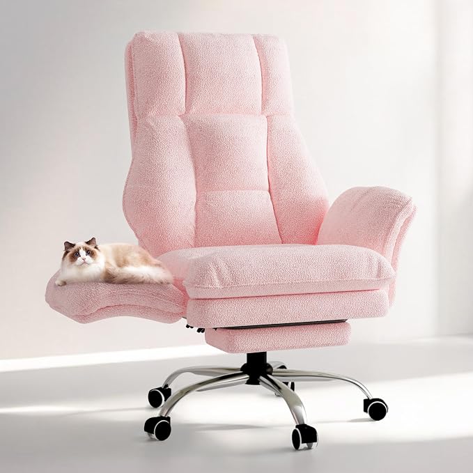Big and Tall Office Chair, Flip Armrests for Pets & Cross Legged Sitting | Executive Ergonomic Computer Gaming Chair with Foot Rest, Teddy Fleece Wide Seat Reclining Desk Chair, Pink
