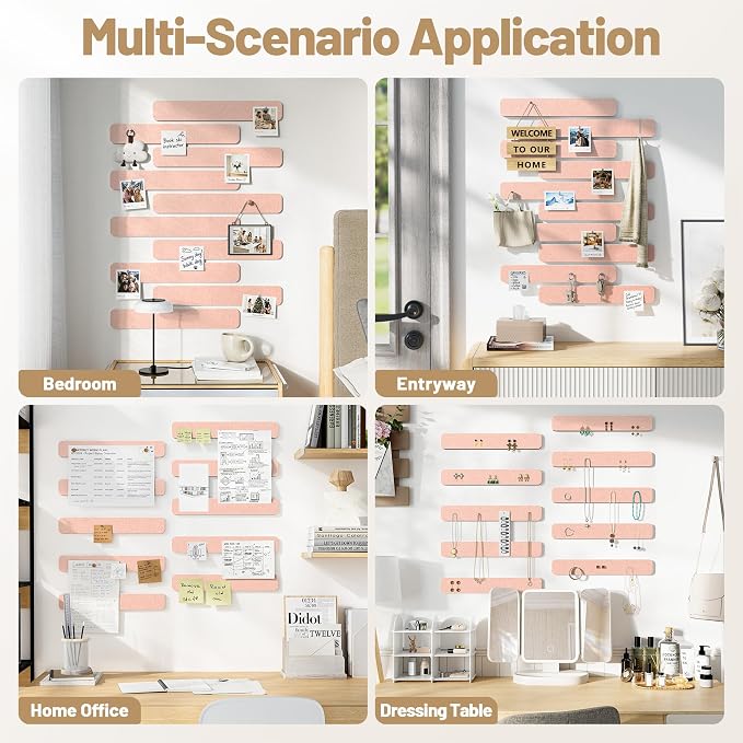 10 Pack 13"x2" Cork Board Strip with Removable Adhesive Squares & Push Pins | Pin Board Alternative Felt Strip Bulletin Board, Felt Board for Photo & Note Display, Home Office Decor - Pink