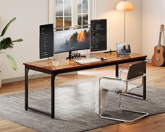 Coleshome 71 Inch Computer Desk with USB Ports, Large Office Desk, Long Study Student Writing Desk, Rustic Brown | Extra-long workspace • Fits dual monitors • Stable steel frame • Spacious legroom • Home office & gaming
