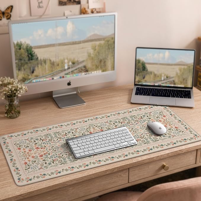 iCasso Aesthetic Desk Mat,31.5x11.8in Mouse Pads,Beige Floral | Anti-Slip Mousepad with Stitched Edges, Waterproof Computer Pad, Desk Accessories Office Decor for Women