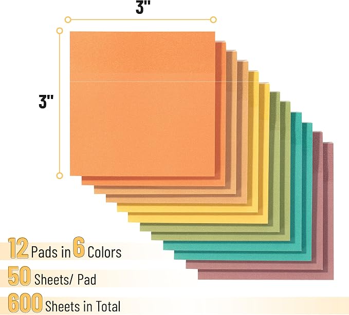 Mr. Pen- Sticky Notes, 3"x3", 12 Pads, 600 Sheets, New Earthy Colors | Sticky Notes Bulk, Self-Stick Note Pads, Perfect for Office, School, Home, Study & Organization
