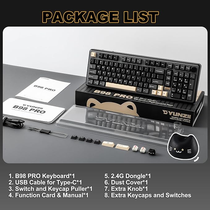 YUNZII B98 PRO 96% Wireless Mechanical Keyboard (Black, Candy Switch) | QMK/VIA, with Numpad, Dual-Style Knob Design, Creamy Pre-Lubed Switches, Hot Swap, Gasket Mount, RGB for Gaming/Win/Mac