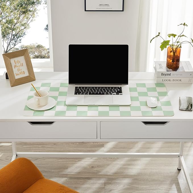 Checkered Desk Mat, Large Cute Aesthetic Retro PU Leather Computer Laptop Desk Mat, Non-Slip Waterproof Mouse Keyboard Pad, Desk Writing Mat for Work/Home (Green, 23.6" x 13.7")