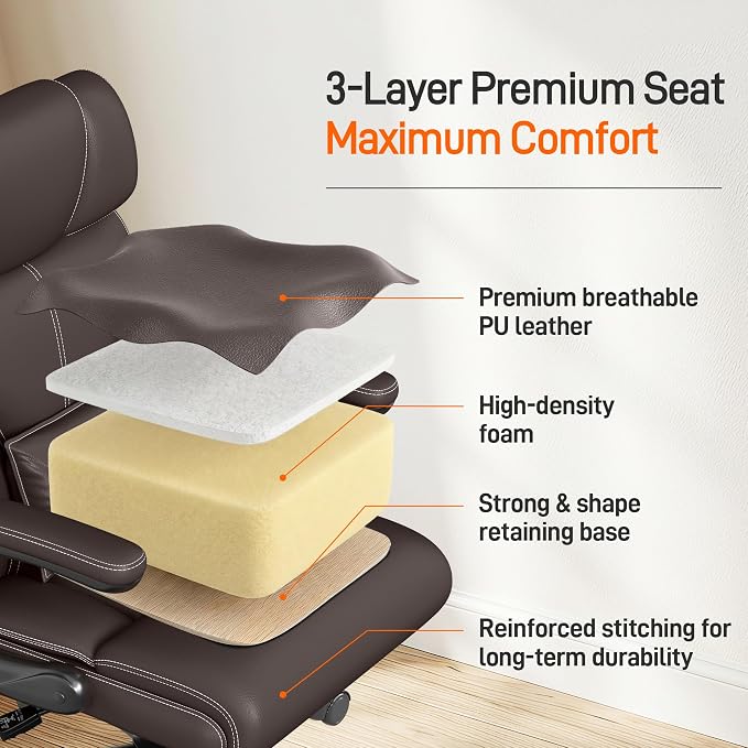 Office Chair, Executive Mid-Back Computer Desk Chair with Flip-up Armrests | 300 Lbs Ergonomic Leather Swivel PC Chair with Rock Function for Working Studying (Coffee)