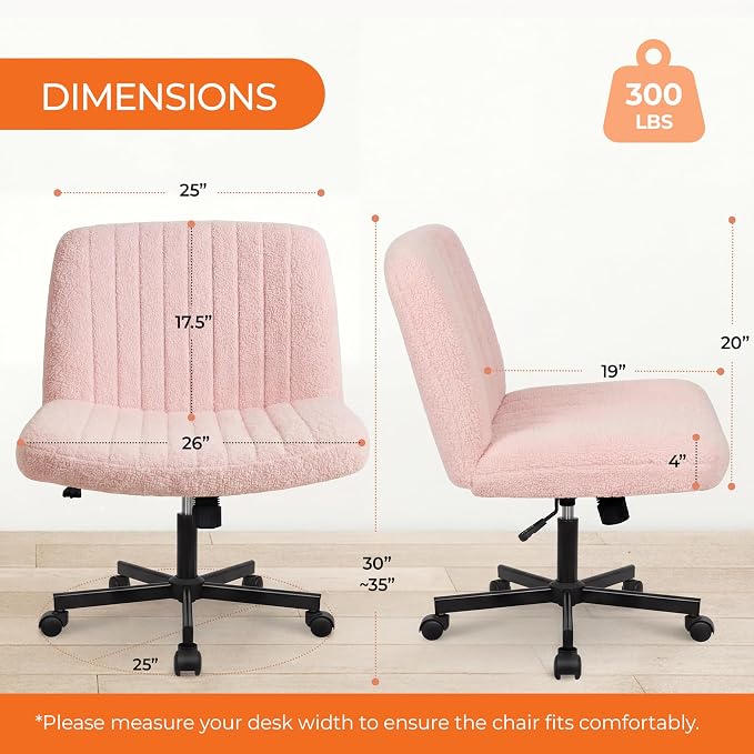 Orange Factory Criss Cross Chair with Wheels, Wide Vanity Seat, Pink Teddy | Cross-Legged with 360° Swivel, Height Adjustable, Smooth and Silent Wheels, Comfy Seating for Office, Desk, or Computer Use