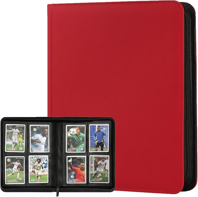 4 Pocket Ringless Side Loading Trading Card Binder, 160 Cards PU Fixed Page Zipper Card Album for TCG Sports Game Cards, Not Fit Top Loaders (Red)