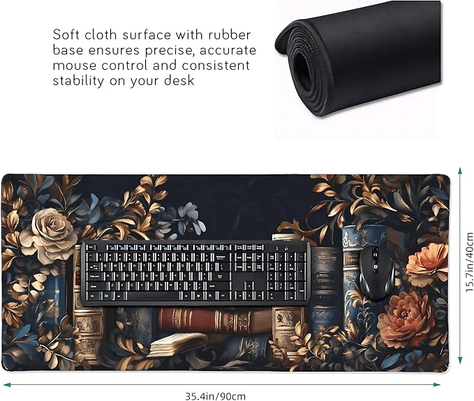 Floral Aesthetic Book Gaming Mouse Pad, Black Gold Baroque Desk Mat with Anti-Slip Base & Stitched Edges, Computer Keyboard & Laptop Pad, 35.4" x 15.7" in in Workstation Accessories