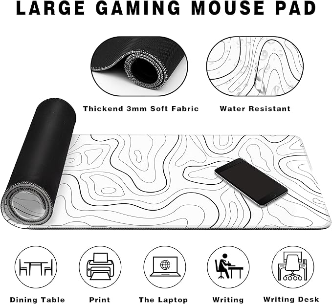 Long Gaming Mouse Pad Extended Anime Large Desk Pad with Non-Slip Base Full Keyboard Mat with Stitched Edges for Gaming and Office 31.5 x 11.8 inches (White Geometry)